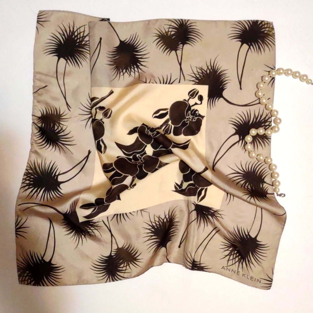 SILK SCARF TAUPE CREAM and OLIVE Anne Klein Square 20"